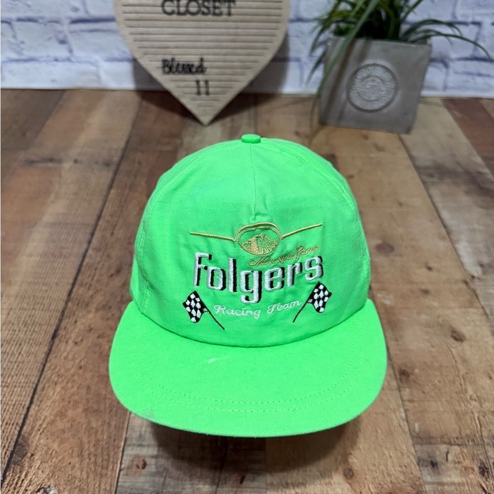 VINTAGE NEON GREEN FOLGERS RACING TEAM ADJ SNAPBACK CAP/HAT MADE IN USA - Picture 8 of 8